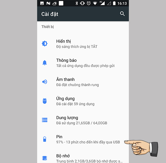 ​Vào cài đặt Pin